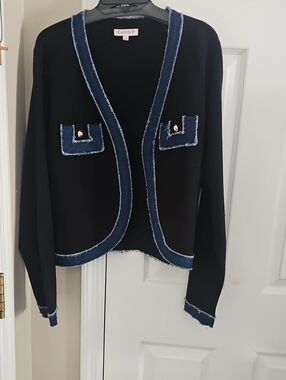 Nanette Lepore Black Sweater Blazer with Blue Denim Trim